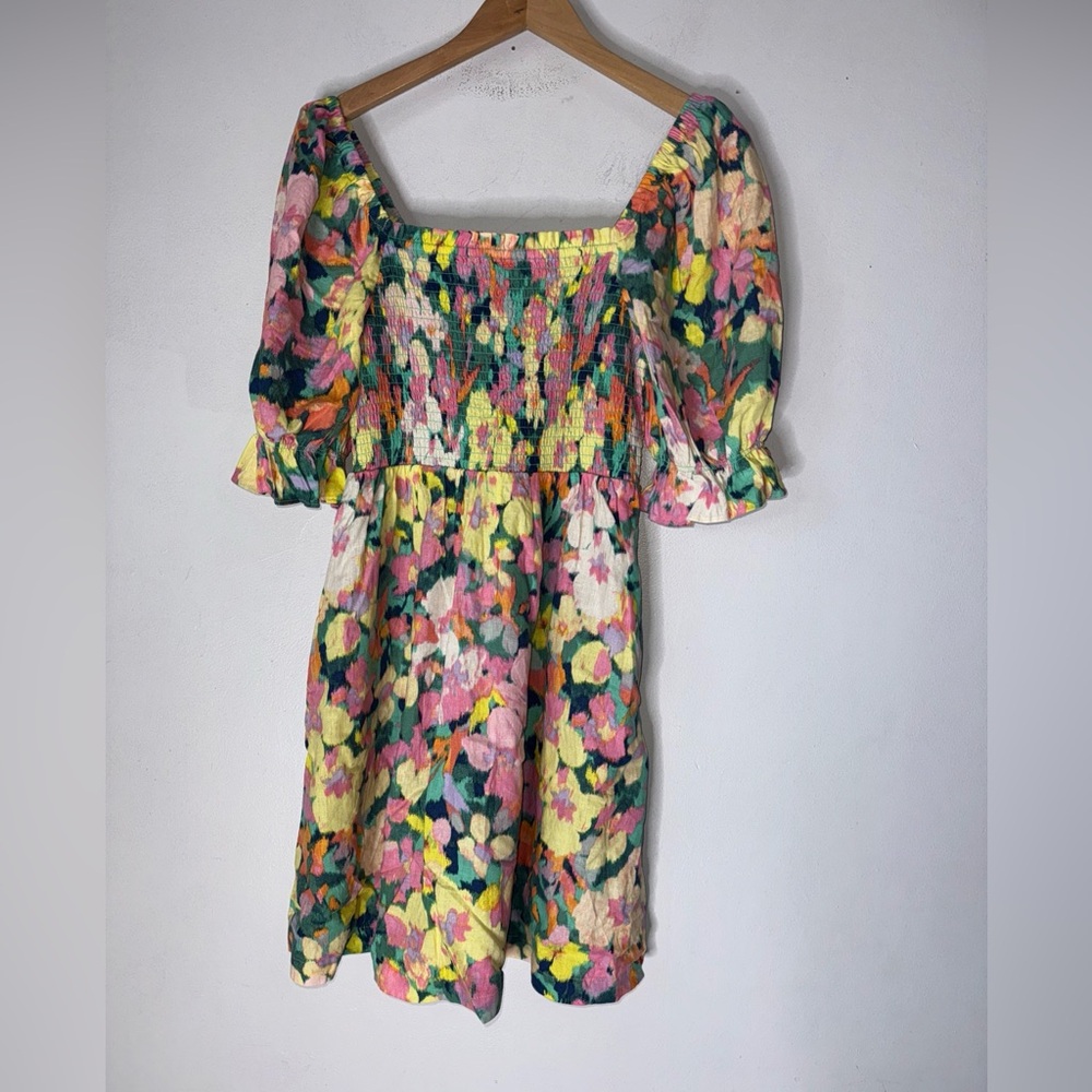 NWT Gap Medium Linen Blend Puff Sleeve Mini‎ Dress Bright Floral Print